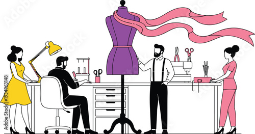 Fashion Design Workshop Illustration with Tailors Working on Mannequin, Sewing Machine, and Clothing Patterns Vector Graphic.