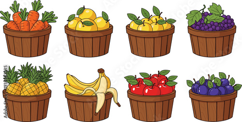 Fresh Fruit and Vegetable Basket Set with Carrots, Lemons, Grapes, Pineapples, Bananas, Apples, and Blueberries Vector Graphics.