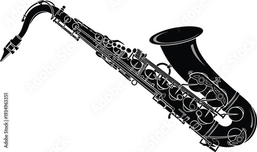 Black saxophone silhouette illustration, musical instrument artwork, jazz saxophone design, classical saxophone vector, modern saxophone graphic