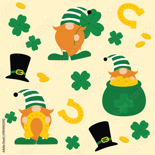 Cute Leprechaun Gnome St. Patrick’s Day Seamless Pattern – Shamrock & Gold Design
