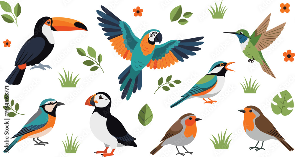 Obraz premium Colorful tropical and garden birds set with toucan parrot hummingbird puffin robin and small forest birds vector illustration collection