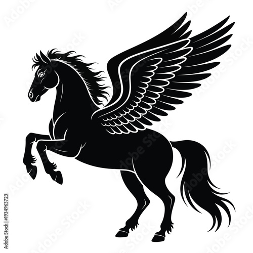 A majestic black pegasus rearing up with large feathered wings
