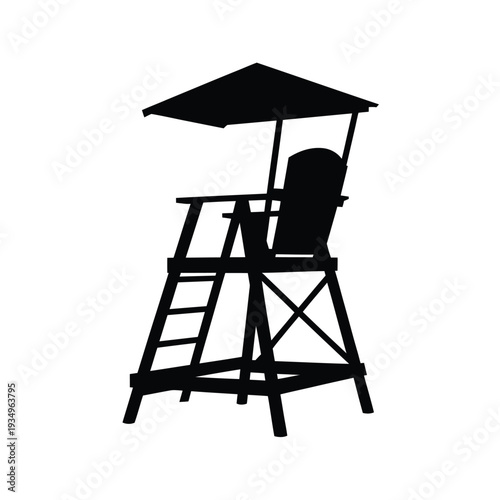 A stark silhouette of a lifeguard stand against a white background