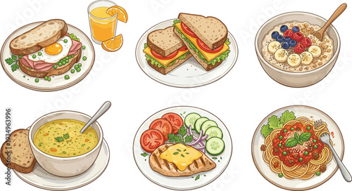 Healthy breakfast and lunch food collection with sandwiches oatmeal soup pasta salad and fresh juice vector illustration set