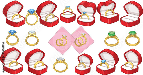 Luxury Engagement Ring Set with Diamond and Gemstones in Red Heart Gift Boxes, Gold Wedding Jewelry Vector Illustrations.