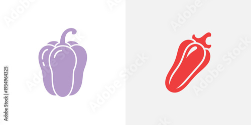 Purple bell pepper and red chili peppers on white vegetables