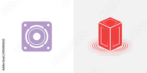 Purple camera lens and red cube with ripples purple red cube