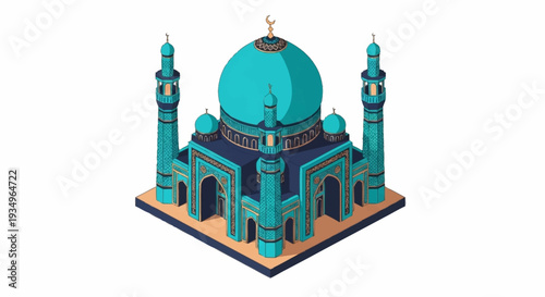 Isometric illustration of a mosque with a large central dome and minarets.