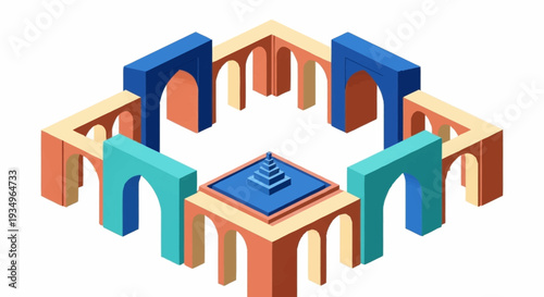 Isometric 3D illustration of a futuristic architectural structure with arches and a central square base.