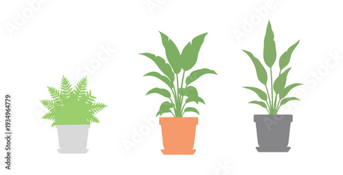 Indoor potted plant collection, stylish flowerpot set, flat vector graphic.