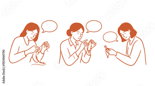 Set of illustrations showing women making handmade jewelry and necklaces with speech bubbles in a creative orange line art style.