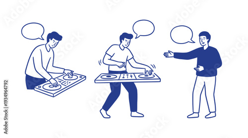 Blue line art illustration of male DJs mixing music on turntables with speech bubbles for creative communication in a club setting.