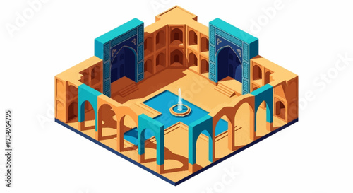 Isometric illustration of a mosque with intricate architecture and blue accents.