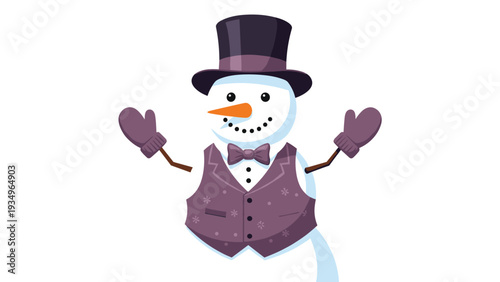 Friendly snowman character wearing a purple vest with snowflakes, a bow tie, and a top hat with mittens isolated on white background.