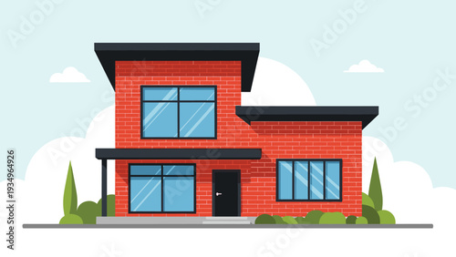 Modern two story residential house with red brick walls, large windows, and flat black roof isolated on a sky blue background.