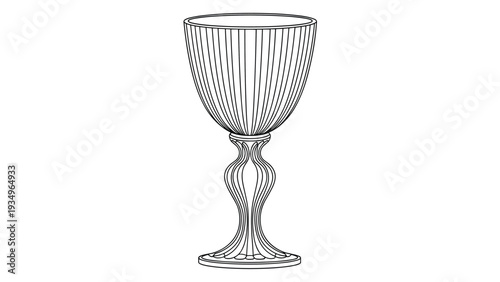 Black and white line art illustration of an elegant fluted chalice or wine goblet with a decorative stem isolated on white background.