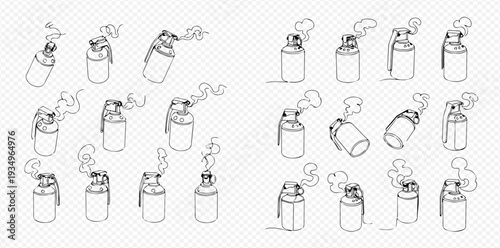 Set of cartoon smoke grenades with fuse and smoke in various positions, black and white line art vector illustration.