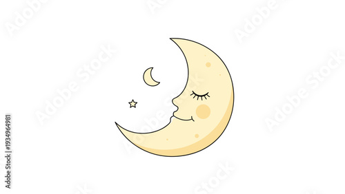 Peaceful crescent moon character with a sleeping face, closed eyes, and a small star on a clean white background for nursery decor.