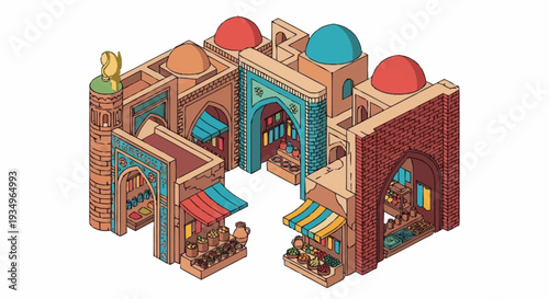 Isometric 3D illustration of a colorful Middle Eastern marketplace architecture.
