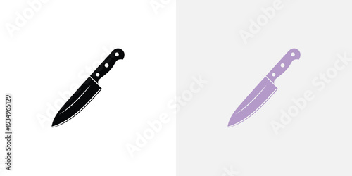 Two kitchen knives in black and purple on white and gray backgrounds