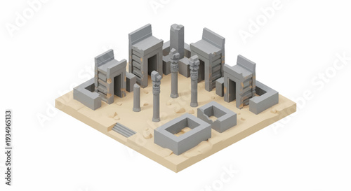 3D model of a miniature cityscape with gray buildings on a wooden base.