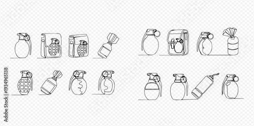Set of continuous line art drawings of various grenades and explosive devices.
