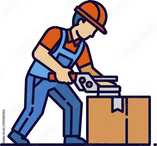 Factory Worker Sealing Cardboard Package With Hand Tape Dispenser