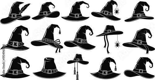 Witch Hat Silhouette Set with Various Pointed Wizard Caps, Halloween Costume Accessories, and Spooky Magic Vector Illustrations.
