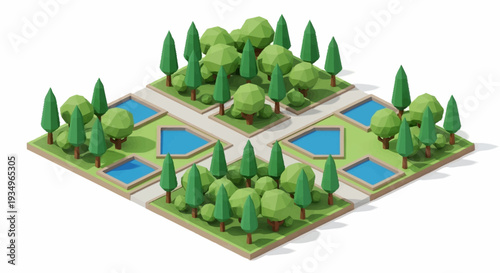 Isometric illustration of a park with trees and water features.