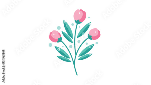 Pink floral buds on green stem illustration features delicate blossoms and teal leaves with decorative air bubbles.