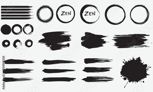 Black ink brush strokes and zen circles on a light gray background ensō