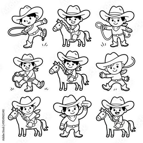 Cartoon cowboy kids with horses and lassos children