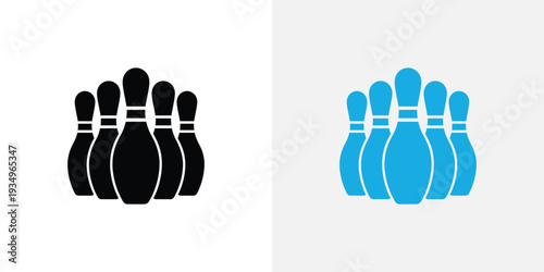 A set of blue bowling pins standing in a triangular formation on a white background