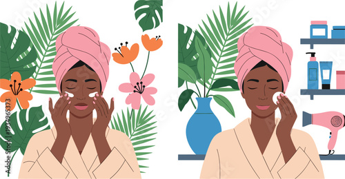 Woman Skincare Routine Illustration with Face Cream and Cleansing, Beauty Care with Tropical Leaves and Spa Products Vector.