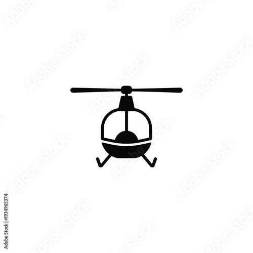 A simple black silhouette of a helicopter with rotor blades and landing skids