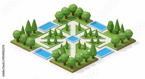 Isometric garden landscape with trees and water features.