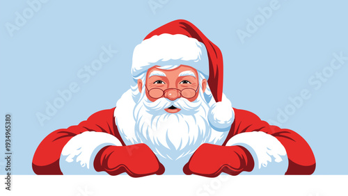 Cheerful Santa Claus with white beard and red hat peeks over a clean white border against a light blue backdrop.