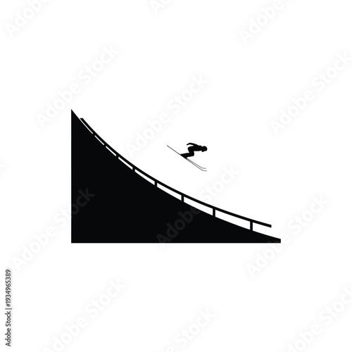 A silhouette of a skier performing a jump on a ramp with a railing