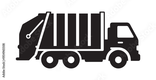 Flat vector garbage truck graphic in black, side view, clean and isolated design.