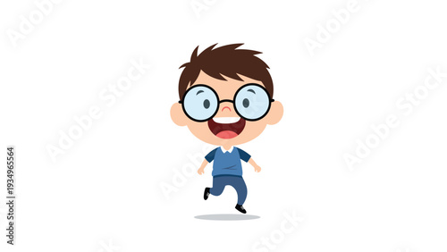 Cute cartoon boy with large round glasses running happily while wearing a blue shirt and matching trousers.