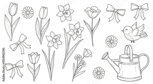 Black and white line art illustration of flowers and gardening elements.