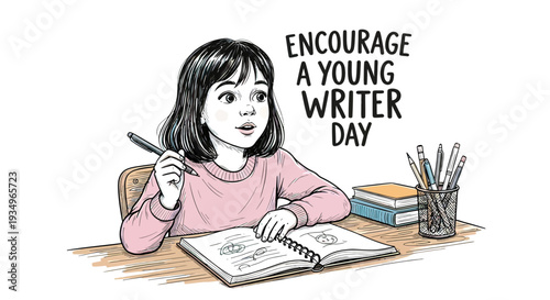 Young Girl Writing in Notebook.