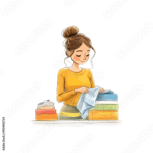 woman folding laundry hand drawn vector illustration
