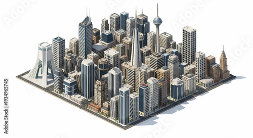 3D Rendering of Modern Cityscape with Skyscrapers and Tall Buildings.