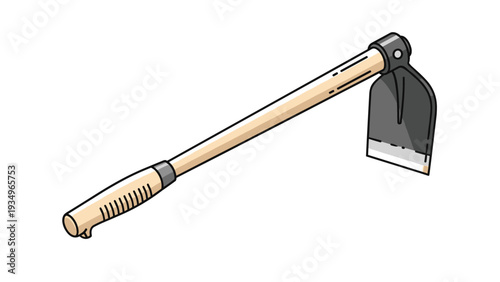 Garden hoe tool with a long wooden handle and a dark metal blade shown in a realistic illustration style.