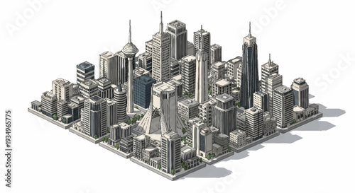 3D Isometric Cityscape with Modern Skyscrapers and Urban Buildings.