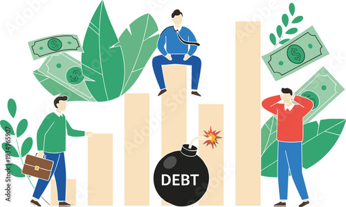 Business Debt and Financial Crisis Illustration with People Around Falling Bar Chart, Money Loss, and Debt Bomb Vector Graphic.