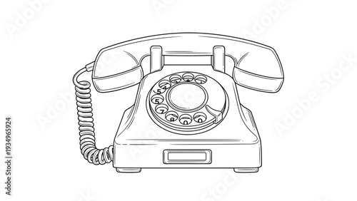 Detailed line art illustration of a classic vintage rotary dial telephone with a coiled handset cord.