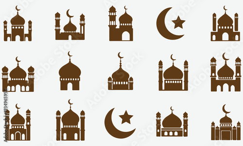 Collection of brown islamic mosque and crescent moon star icons on white background vector