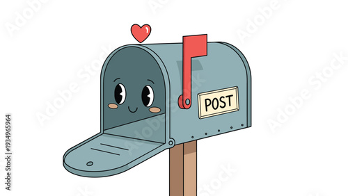 Adorable cartoon mailbox character with a smiling face and a red heart symbol floating above its open lid.